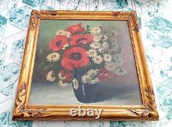 Painting flower bouquet on wood with golden wood frame