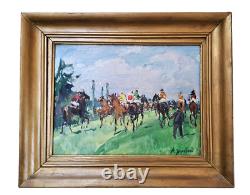 Painting of a horse racing scene at Longchamp racetrack by Adrienne Jouclard