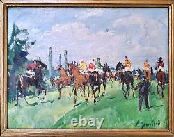 Painting of a horse racing scene at Longchamp racetrack by Adrienne Jouclard