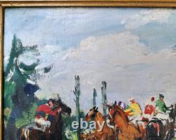 Painting of a horse racing scene at Longchamp racetrack by Adrienne Jouclard
