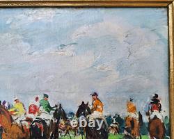 Painting of a horse racing scene at Longchamp racetrack by Adrienne Jouclard