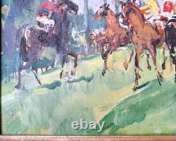 Painting of a horse racing scene at Longchamp racetrack by Adrienne Jouclard