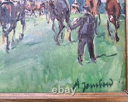 Painting of a horse racing scene at Longchamp racetrack by Adrienne Jouclard