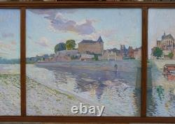 Painting of the town of Mayenne, Castle and Basilica around 1930, large triptych painting
