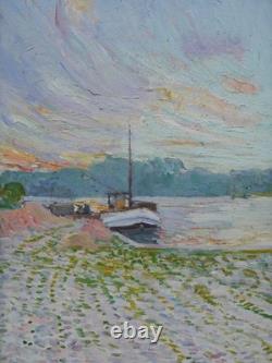Painting of the town of Mayenne, Castle and Basilica around 1930, large triptych painting