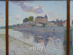 Painting of the town of Mayenne, Castle and Basilica around 1930, large triptych painting