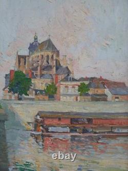 Painting of the town of Mayenne, Castle and Basilica around 1930, large triptych painting