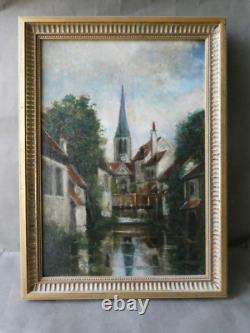 Painting, oil on wood, city, church, river, character