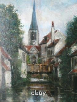 Painting, oil on wood, city, church, river, character