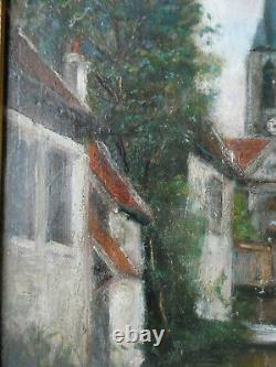 Painting, oil on wood, city, church, river, character