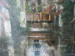 Painting, oil on wood, city, church, river, character