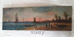 Painting on Wood Panel Marine Landscape/Boat/Fishing/Mill - Signed Oil Painting