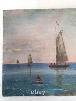 Painting on Wood Panel Marine Landscape/Boat/Fishing/Mill - Signed Oil Painting