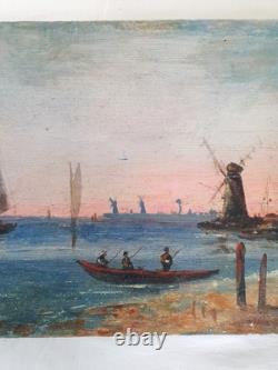 Painting on Wood Panel Marine Landscape/Boat/Fishing/Mill - Signed Oil Painting