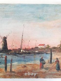 Painting on Wood Panel Marine Landscape/Boat/Fishing/Mill - Signed Oil Painting