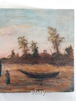 Painting on Wood Panel Marine Landscape/Boat/Fishing/Mill - Signed Oil Painting