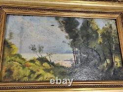 Painting on panel in a golden wooden frame
