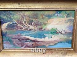 Painting signed ANDRÉ FOUGERON Riverbank Oil on wood panel