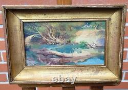 Painting signed ANDRÉ FOUGERON Riverbank Oil on wood panel