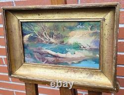 Painting signed ANDRÉ FOUGERON Riverbank Oil on wood panel