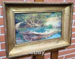 Painting signed ANDRÉ FOUGERON Riverbank Oil on wood panel