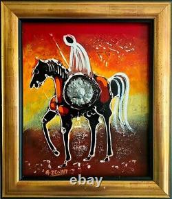 Painting signed A ZENATI (Abderrahmane, 1943) Oil on wood Cavalier Fantasia