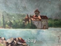 Painting signed Verdoyant: Houses by the Lake in Italy Landscape