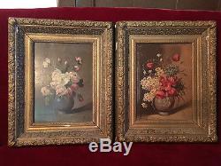 Pair Of Oils On Panels, Bouquets Of Flowers