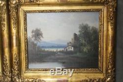 Pair Oil Paintings On Canvas Gilt Wood Frame 19th Landscape River Mountain