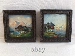 Pair Painting Ancient Oil On Panel View Mountain Signed + Frame Vintage Wood
