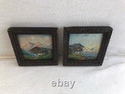 Pair Painting Ancient Oil On Panel View Mountain Signed + Frame Vintage Wood