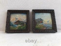 Pair Painting Ancient Oil On Panel View Mountain Signed + Frame Vintage Wood