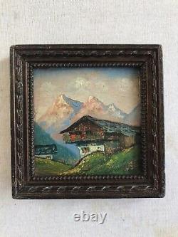 Pair Painting Ancient Oil On Panel View Mountain Signed + Frame Vintage Wood