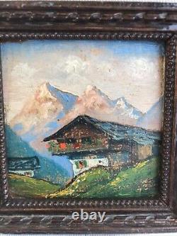 Pair Painting Ancient Oil On Panel View Mountain Signed + Frame Vintage Wood