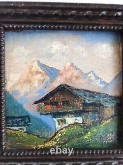 Pair Painting Ancient Oil On Panel View Mountain Signed + Frame Vintage Wood