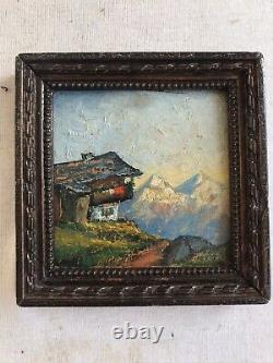 Pair Painting Ancient Oil On Panel View Mountain Signed + Frame Vintage Wood