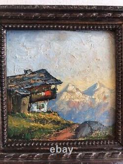 Pair Painting Ancient Oil On Panel View Mountain Signed + Frame Vintage Wood