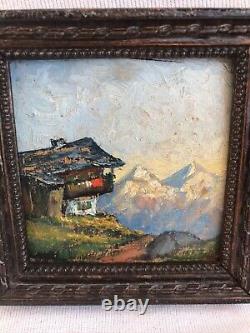 Pair Painting Ancient Oil On Panel View Mountain Signed + Frame Vintage Wood