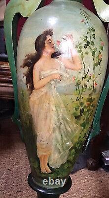 Pair Vases Postiches Wood Painted Art Nouveau Decors Nymphs Oils On Wood Spl