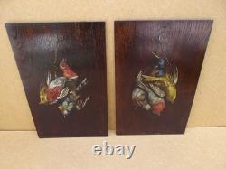 Pair of Oil Paintings on Wood Panel Still Life with Hunting Birds signed Victor