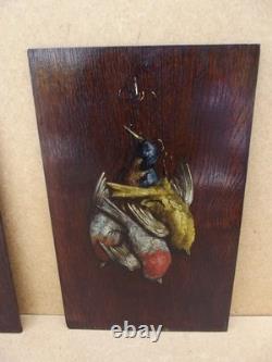 Pair of Oil Paintings on Wood Panel Still Life with Hunting Birds signed Victor