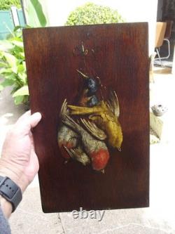 Pair of Oil Paintings on Wood Panel Still Life with Hunting Birds signed Victor