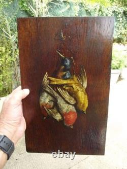 Pair of Oil Paintings on Wood Panel Still Life with Hunting Birds signed Victor