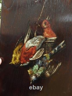 Pair of Oil Paintings on Wood Panel Still Life with Hunting Birds signed Victor Pair of Oil Paintings on Wood Panel Still Life with Hunting Birds signed Victor