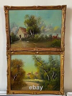 Pair of Oil on Cardboard XIXth Barbizon Signed Cedoni Gilded Wooden Frame