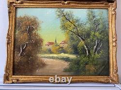 Pair of Oil on Cardboard XIXth Barbizon Signed Cedoni Gilded Wooden Frame