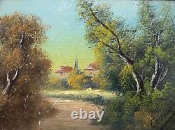 Pair of Oil on Cardboard XIXth Barbizon Signed Cedoni Gilded Wooden Frame