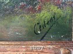 Pair of Oil on Cardboard XIXth Barbizon Signed Cedoni Gilded Wooden Frame