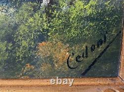 Pair of Oil on Cardboard XIXth Barbizon Signed Cedoni Gilded Wooden Frame