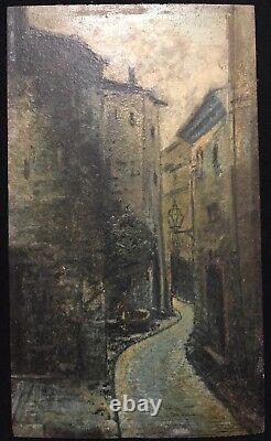 Paris Street Lighting Bourgeois Lantern and Fountain Painting on Wood 19th Century